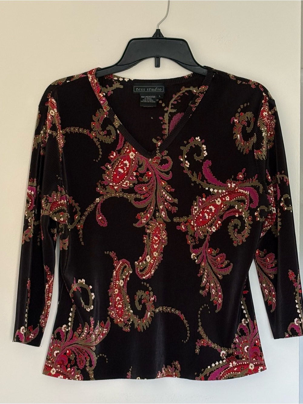 90s Vintage Tess Studio Textured Ribbed V-Neck Paisley Blouse Top Large Boho